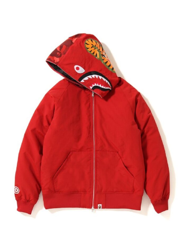 BAPE Color Camo Shark Hoodie Down Jacket - Red